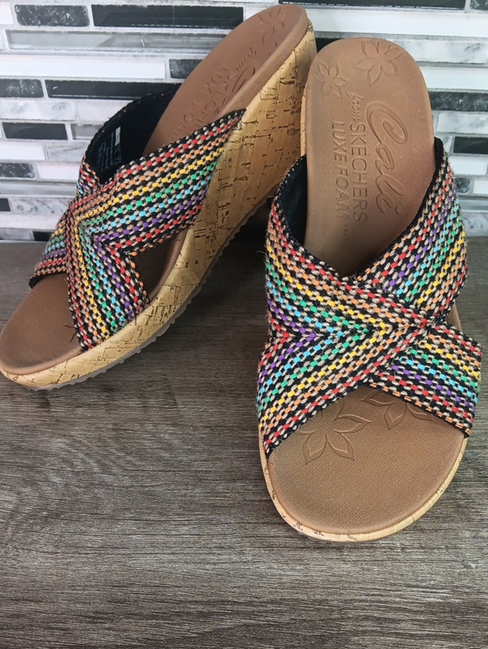 Cali Foam Skechers 8M Rainbow Woven Slip On Comfort Wedges Summervibes